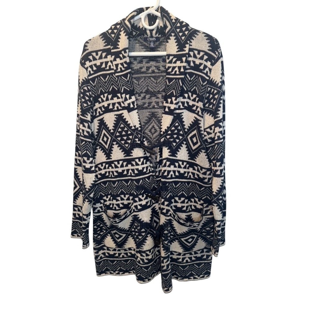 Chaps Women Navy Blue Southwestern Aztec Tribal Toggle Cardigan Sweater L